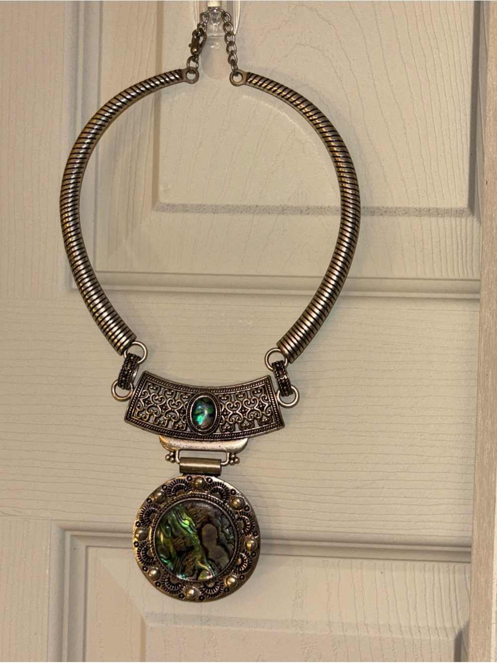 Statement Abalone Pendant Necklace in Green and Silver - Picture 1 of 6